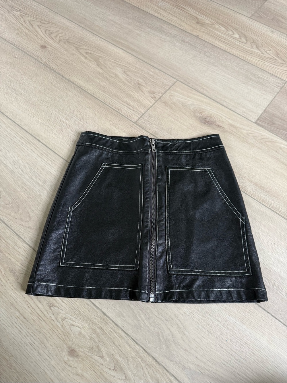 Vici Black Faux Leather Front Zip Mini Skirt with Contrast Stitching